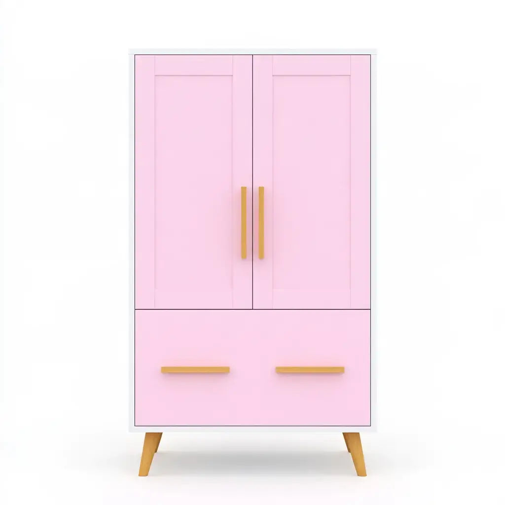 Armario con dos puertas molduradas y cajones - rosa